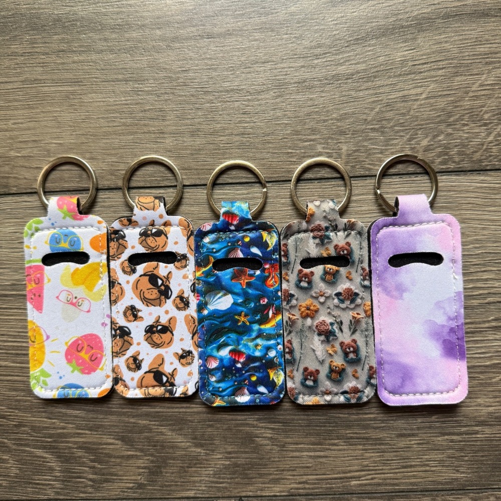 Set of 5 Neoprene Chapstick Holder Keychains Fruit Dog Ocean Floral Marble - Picture 2 of 2
